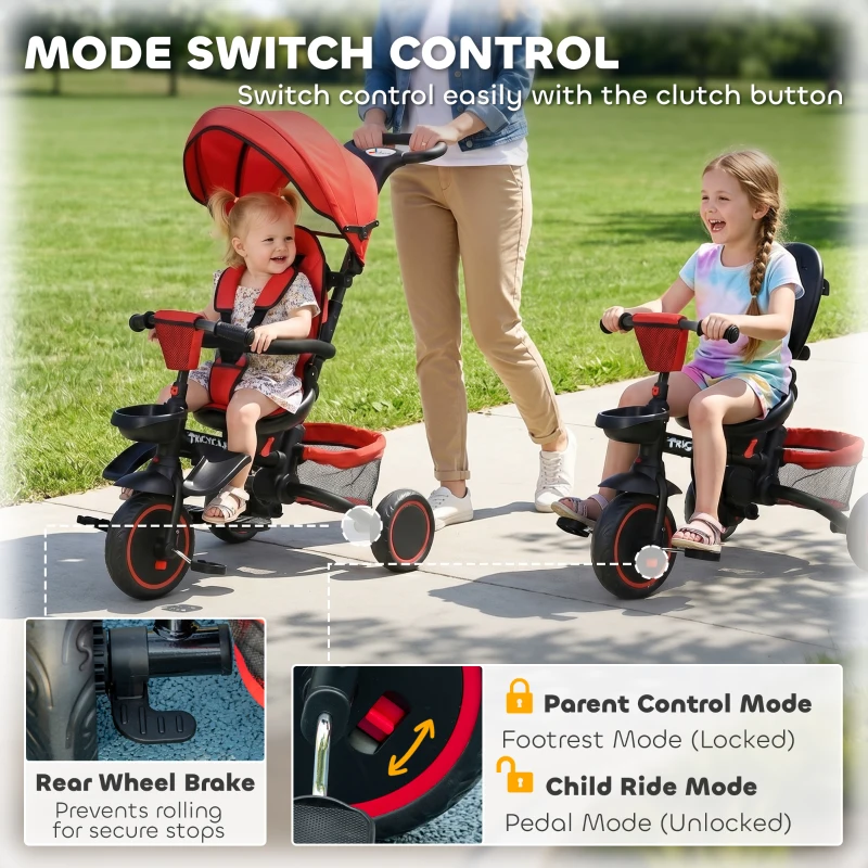 Aosom Tricycle for Toddler 6-in-1 Kids Trike, Foldable Converts Stroller to Baby Push Bike, Adjustable Backrest with Detachable Guardrail & Handle, Brake for 1-4 Years Old, Red