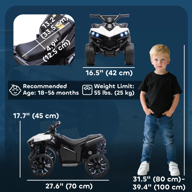 Qaba 6V Kids ATV, 4 Wheeler Electric Ride on Car with Music and LED Headlights, for Ages 18-56 Months Boys and Girls, White