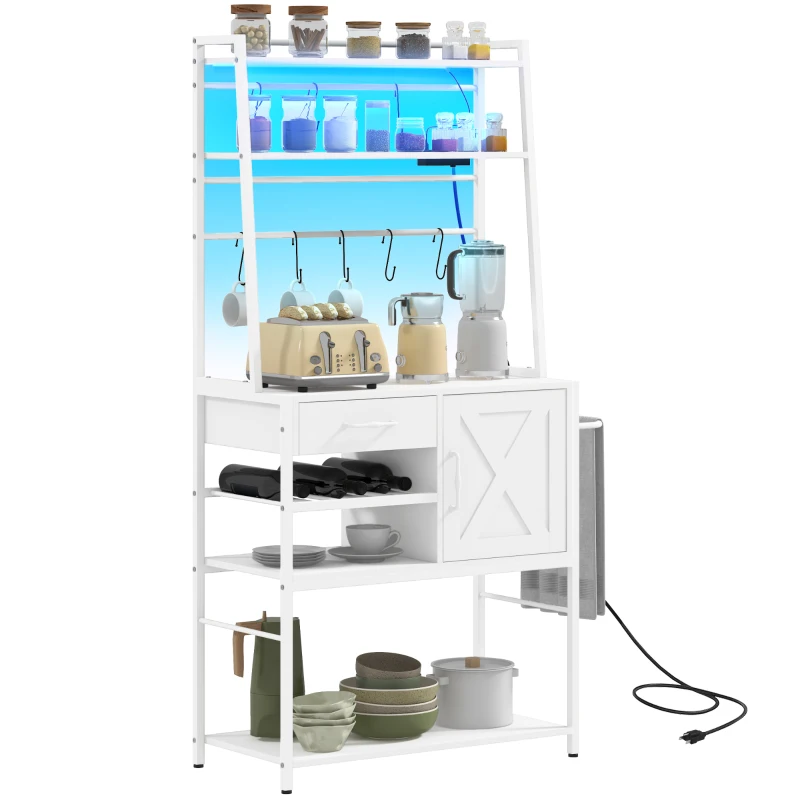 HOMCOM Industrial Kitchen Shelves with Charging Station and LED Lights, Kitchen Storage Rack with Barn Door, White