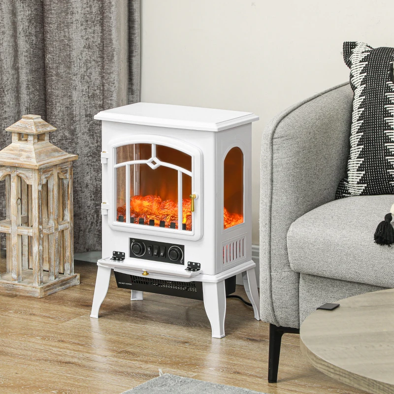 HOMCOM Electric Fireplace Heater Freestanding Fireplace Stove with 3-Side Realistic Flame Overheat Protection 750W/1500W, White