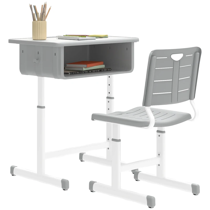 Qaba Kids Desk and Chair Set, Height Adjustable Children Study Desk and Chair with Drawer, Study Table for Bedroom, Grey