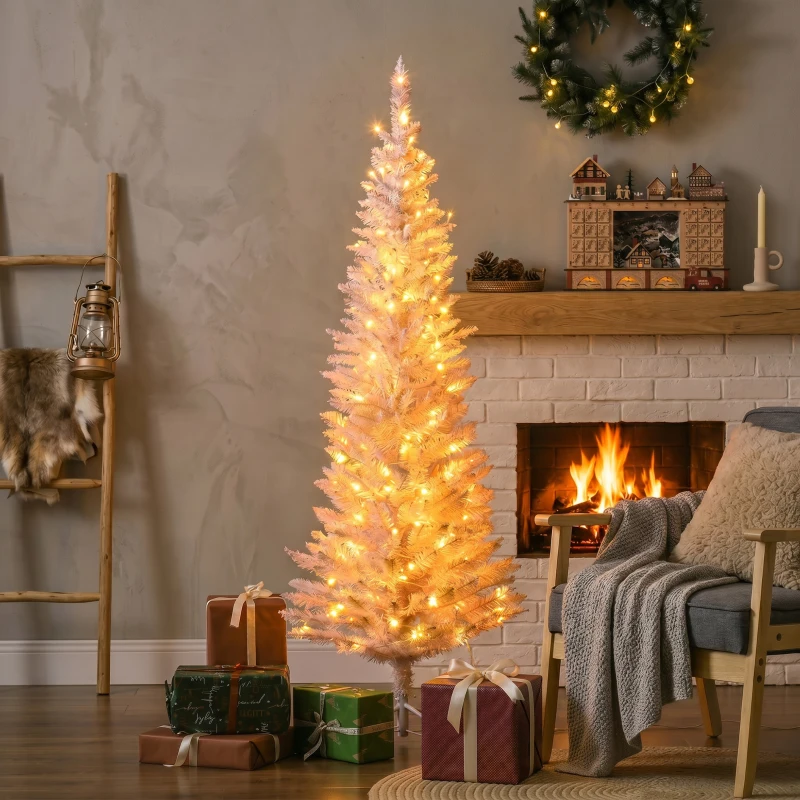 HOMCOM 5ft Pencil Christmas Tree, Slim Artificial Christmas Tree with Realistic Branches and Warm White LED Lights, Pink