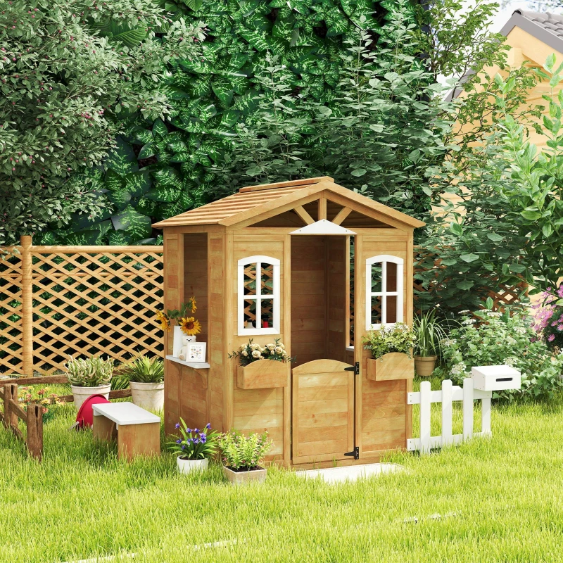 Outsunny Outdoor Playhouse for Kids Wooden Cottage with Working Doors Windows & Mailbox, Pretend Play House for Age 3-6 Years