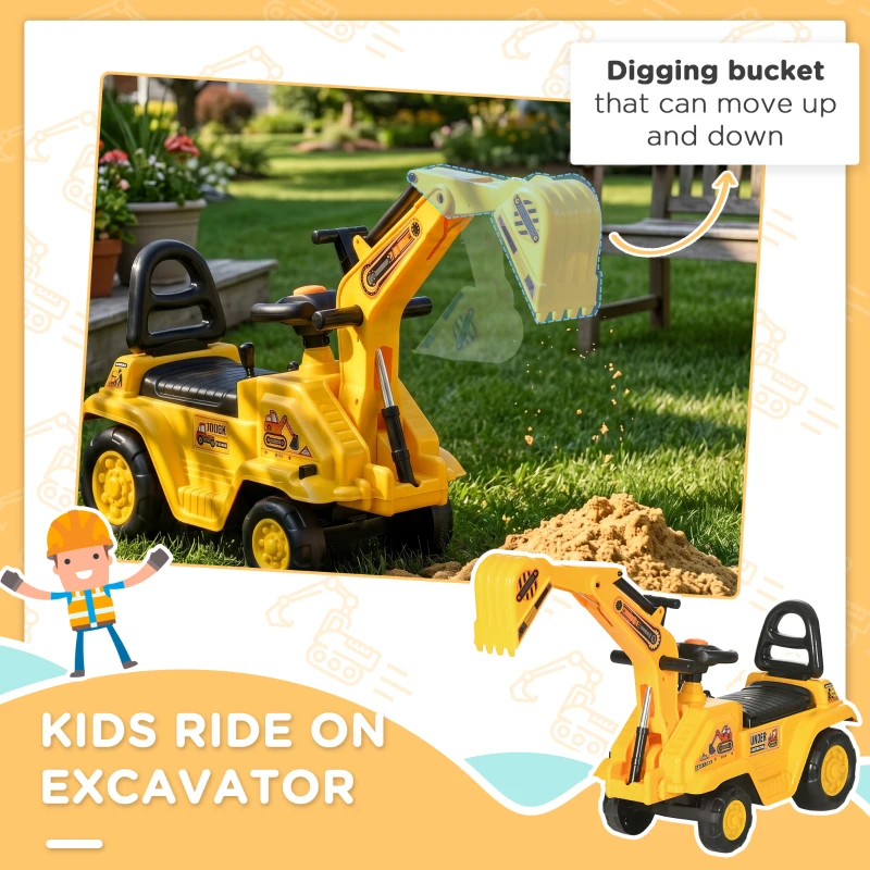 HOMCOM Ride-On Toy Excavator with Digger Scooter Steering Wheel Storage Toddlers for 18-48 Months, Yellow