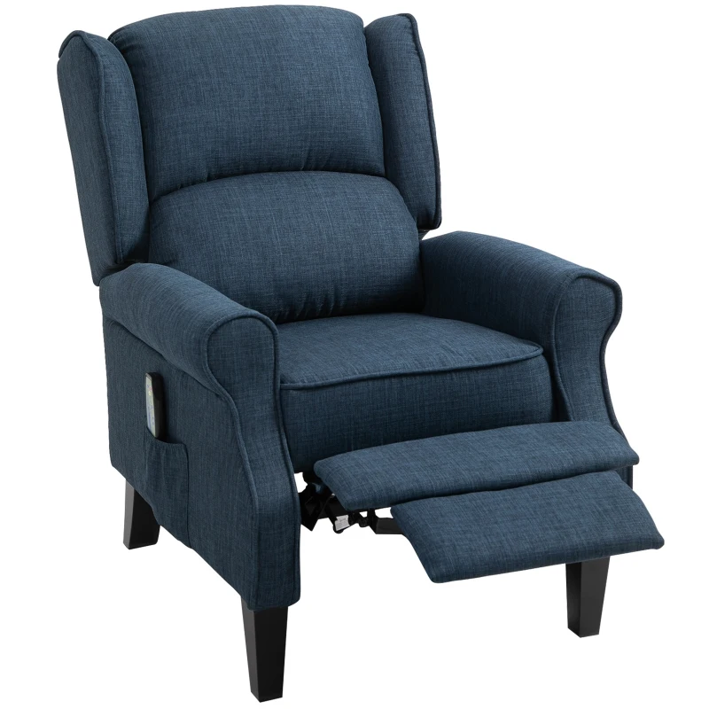 HOMCOM Vibration Massage Recliner Chair for Living Room with Heat,  Wingback Single Sofa, Modern Linen Fabric Push Back Reclining Chair with Footrest, Side Pocket,  Dark Blue