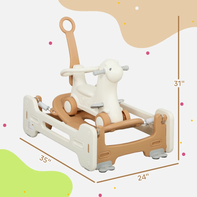 Qaba 5 in 1 Kids Rocking Horse with Detachable Base, Safety Guardrails, Footrests, Push Handle for Ages 1-3, Brown