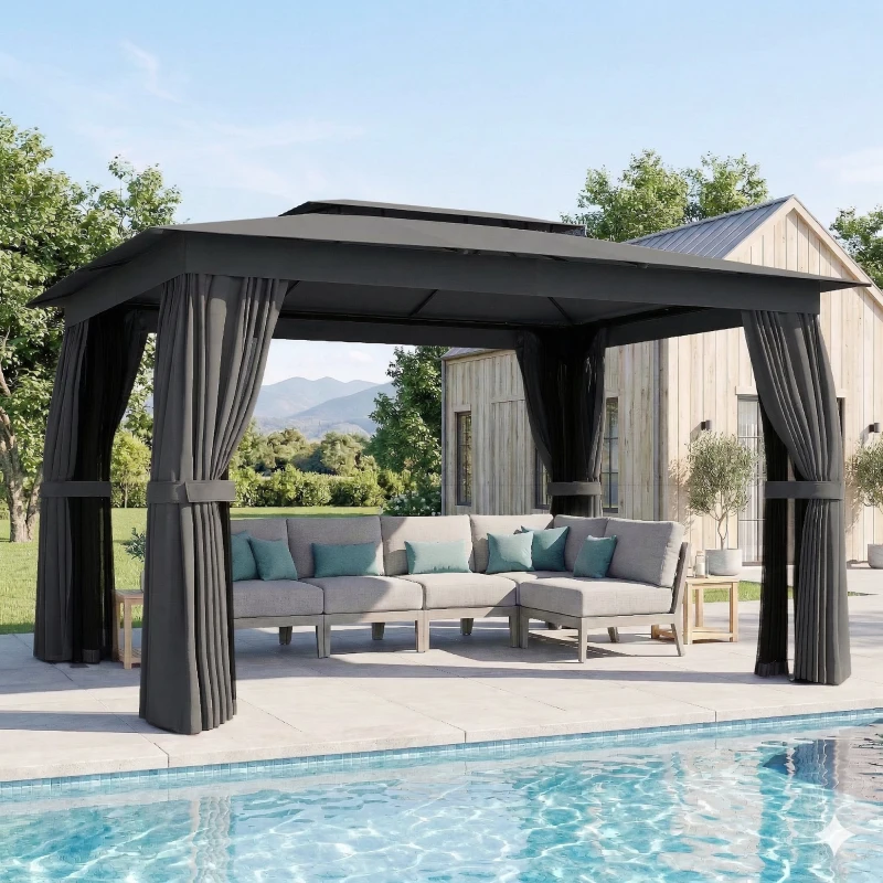 Outsunny 10' x 12' Outdoor Patio Gazebo, Soft Top Gazebo Canopy Shelter with Curtains, Netting, Steel Frame, Hooks, Dark Gray