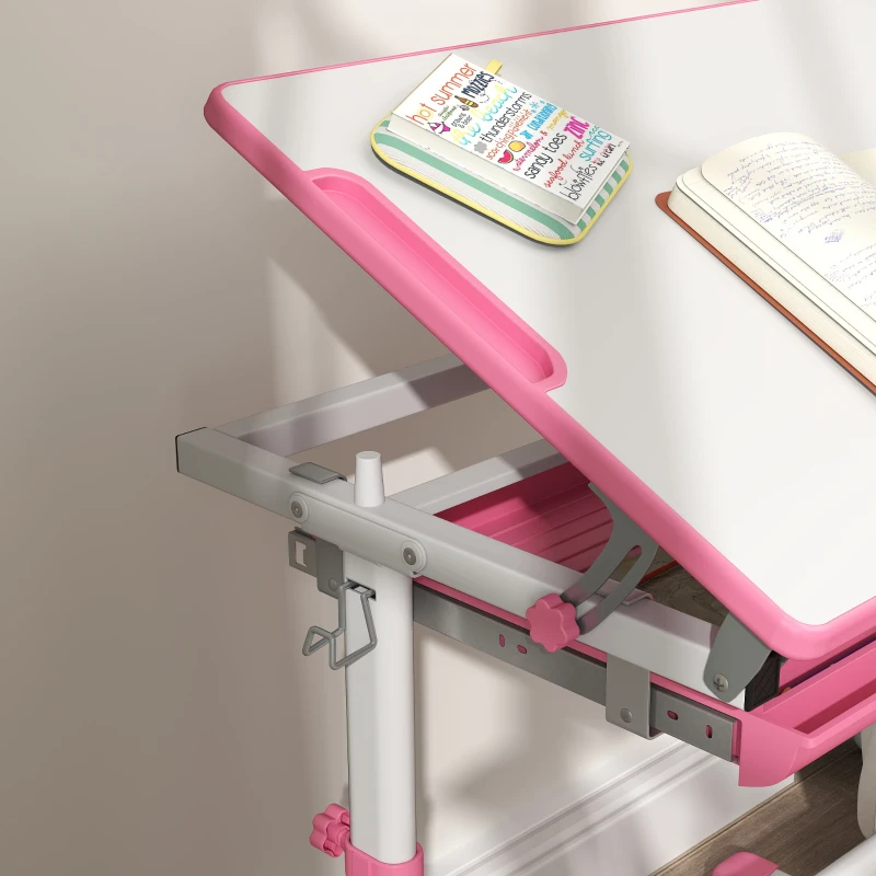 Qaba Height Adjustable Kids Desk and Chairs Set with Tilt Desktop, Storage Drawer, Pen Slot, Hook, Pink