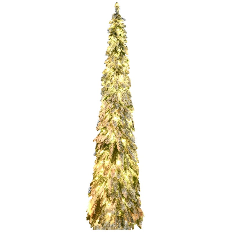 HOMCOM 7' Artificial Slim Christmas Trees, with Snow Frosted Branches, Warm White or Colorful LED Lights, Downswept Shape