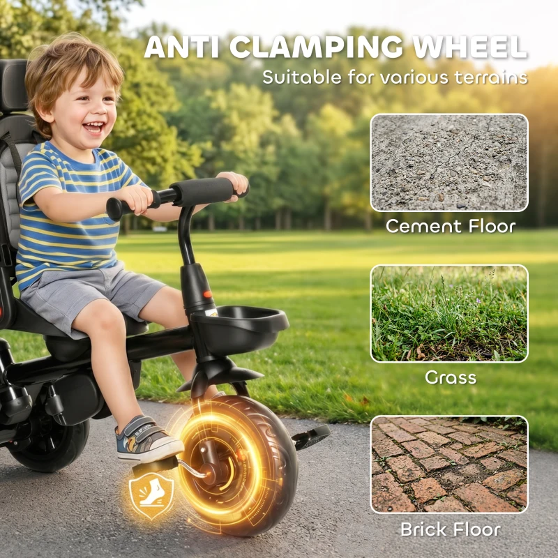 Qaba Tricycle for Toddler 5 in 1 Kids Trike, Converts Stroller to Toddler Bike, Adjustable Backrest & Flat Canopy, Detachable Guardrail & Handle for 1-5 Years Old, Grey