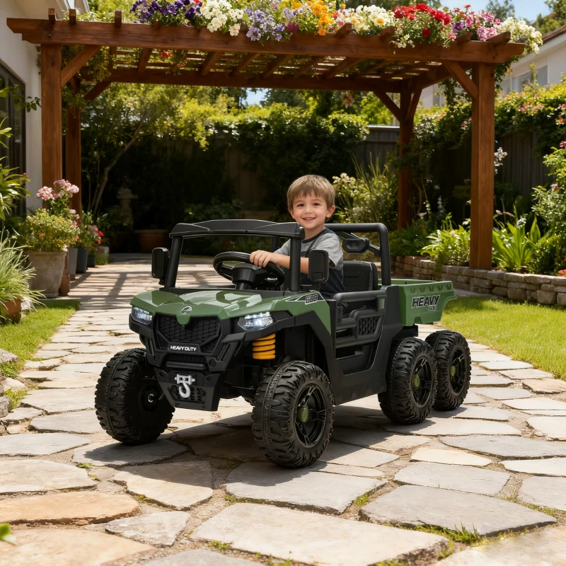 Qaba 24V 4WD Kids Ride On Car with 6 Wheels, Electric Ride On Car with Dump Bed, Remote for 3-6 Years, Green