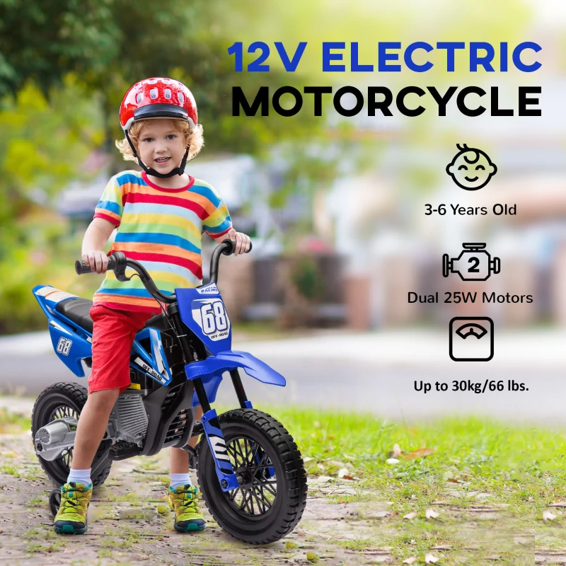 Qaba 12V Kids Dirt Bike, Electric Motorcycle with Twist Grip Throttle, Training Wheels, Rear Suspension & Music, Blue