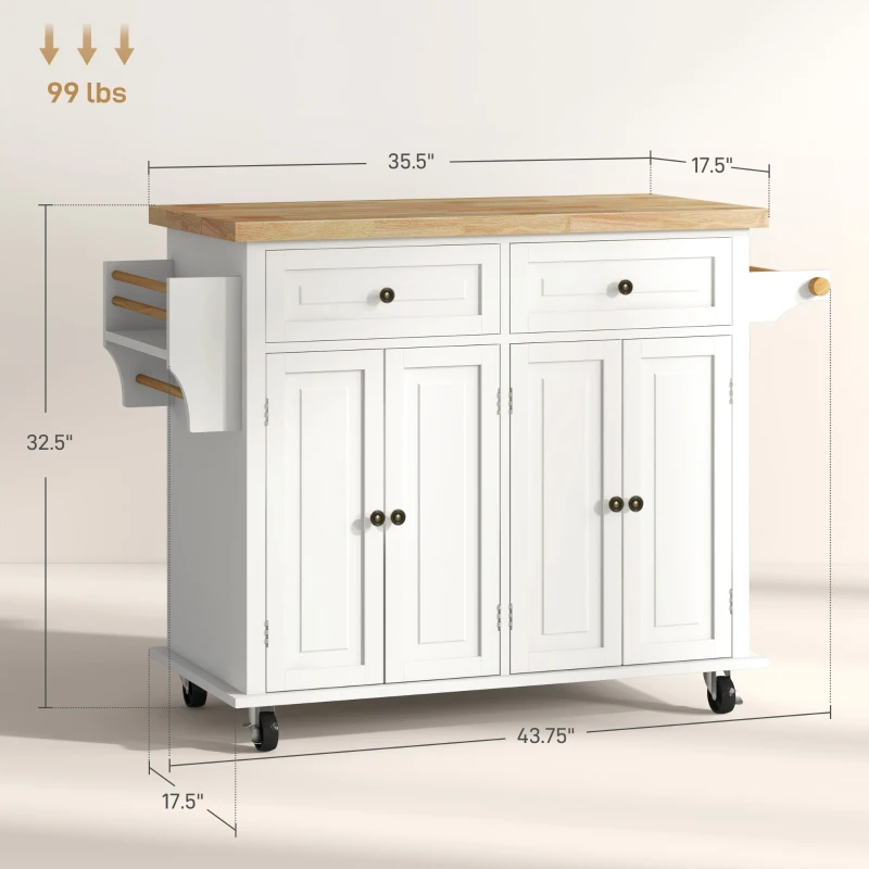 HOMCOM Kitchen Island on Wheels, Rolling Cart with Rubberwood Top, Spice Rack, Towel Rack and Drawers, Cream White