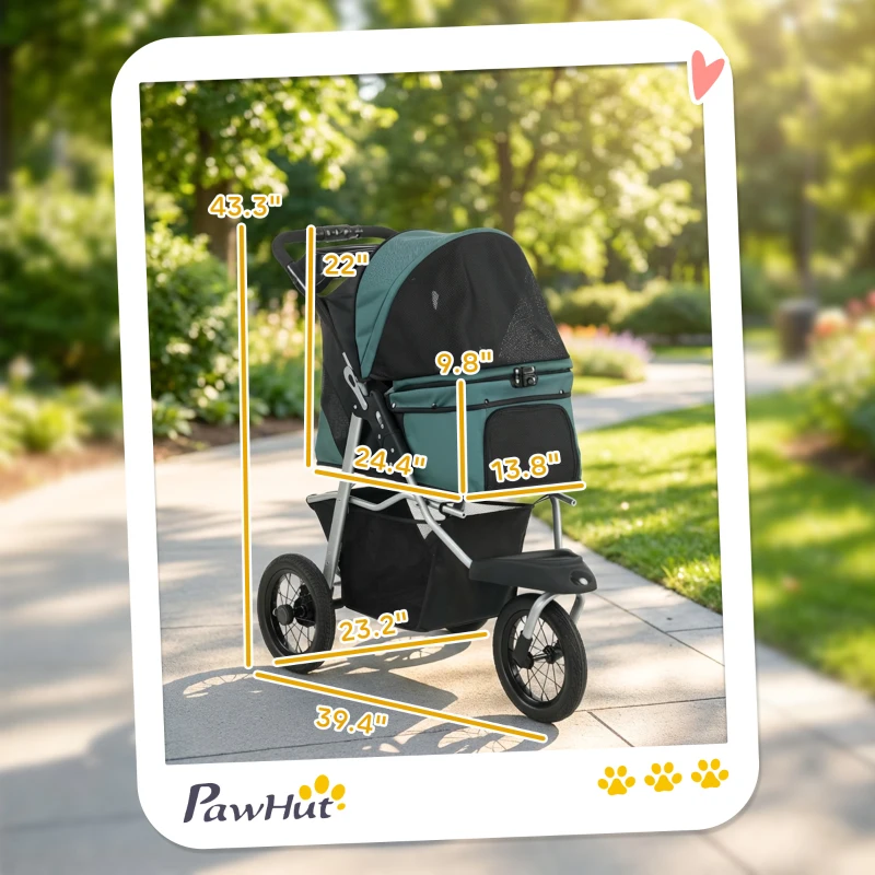 PawHut Dog Stroller, Foldable Dog Stroller with 12" Rubber Wheels for Small Dogs, Up to 22 LBS, Dark Green