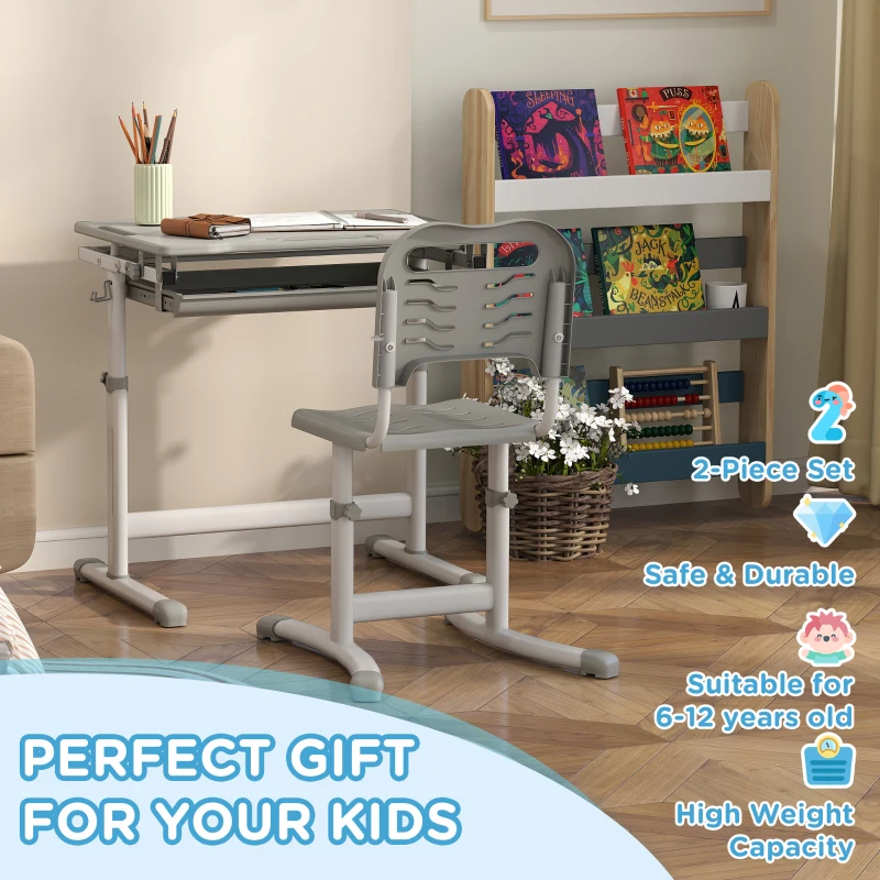 Qaba Height Adjustable Study Table and Chair Set with Drawer, Pen Slot, Tiltable Desktop, Hook, Grey