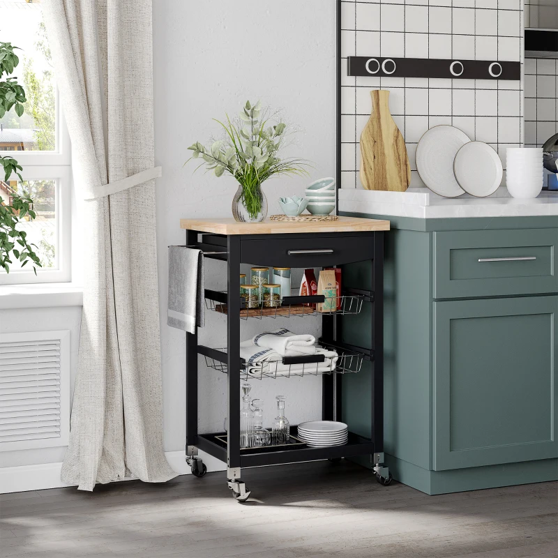 HOMCOM 3-Tier Kitchen Cart, Utility Cart with Solid Wood Top, Steel Basket, Rolling Kitchen Island with Drawer, Microwave Stand, Black