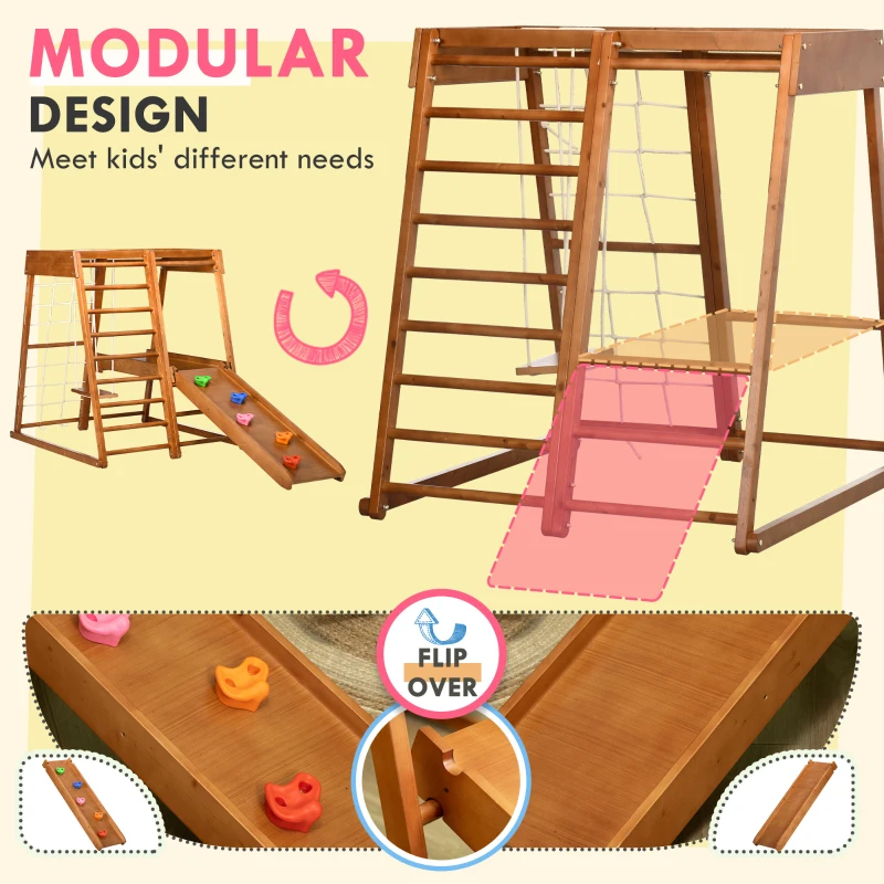 Qaba 6-in-1 Indoor Jungle Gym Playground with Slide, Climbing Wall, Rope Climber, Monkey Bars, Swing, Toddler Climbing Toys for 3-10 Years Old, Wood