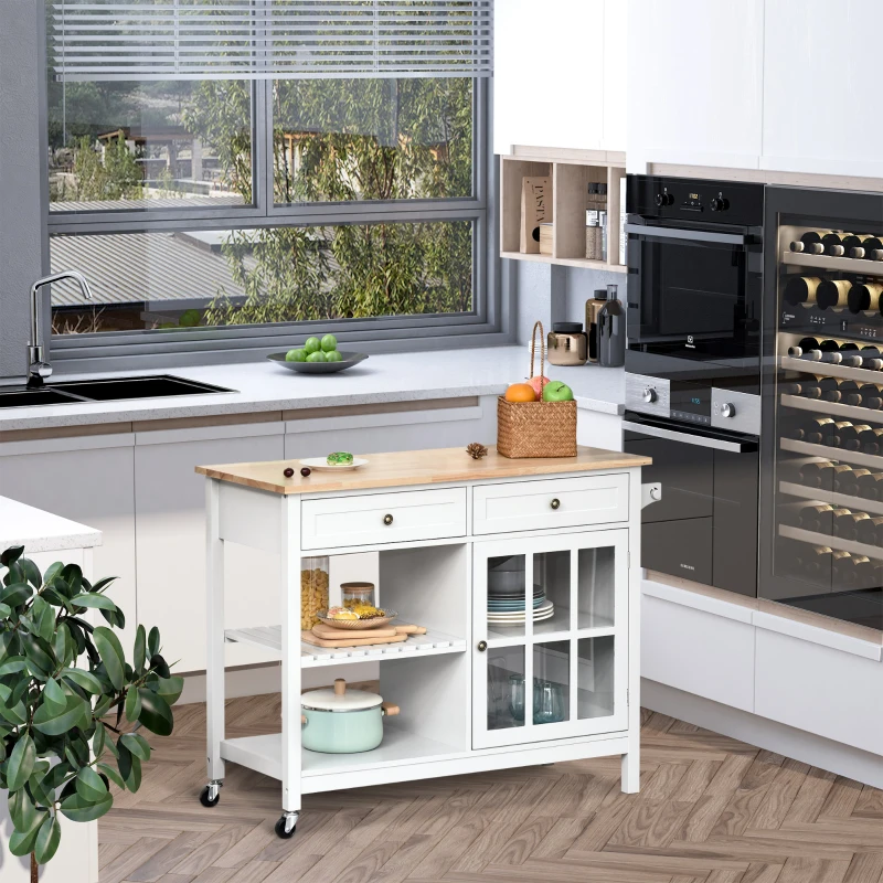 HOMCOM Rolling Kitchen Island with Storage, Kitchen Cart with Solid Wood Top, Glass Door Cabinet, Adjustable Shelf, Towel Rack, 2 Drawers for Dining Room, White