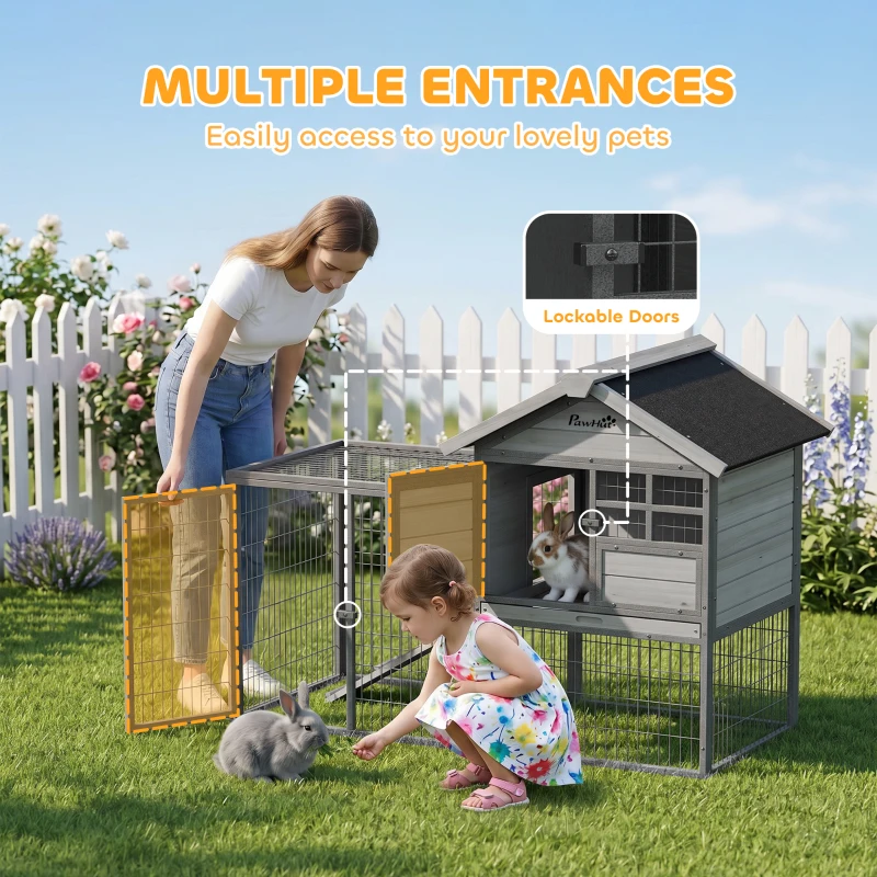 PawHut Rabbit Hutch Outdoor, 48"L Large Wooden Bunny Cage with Run, Grey