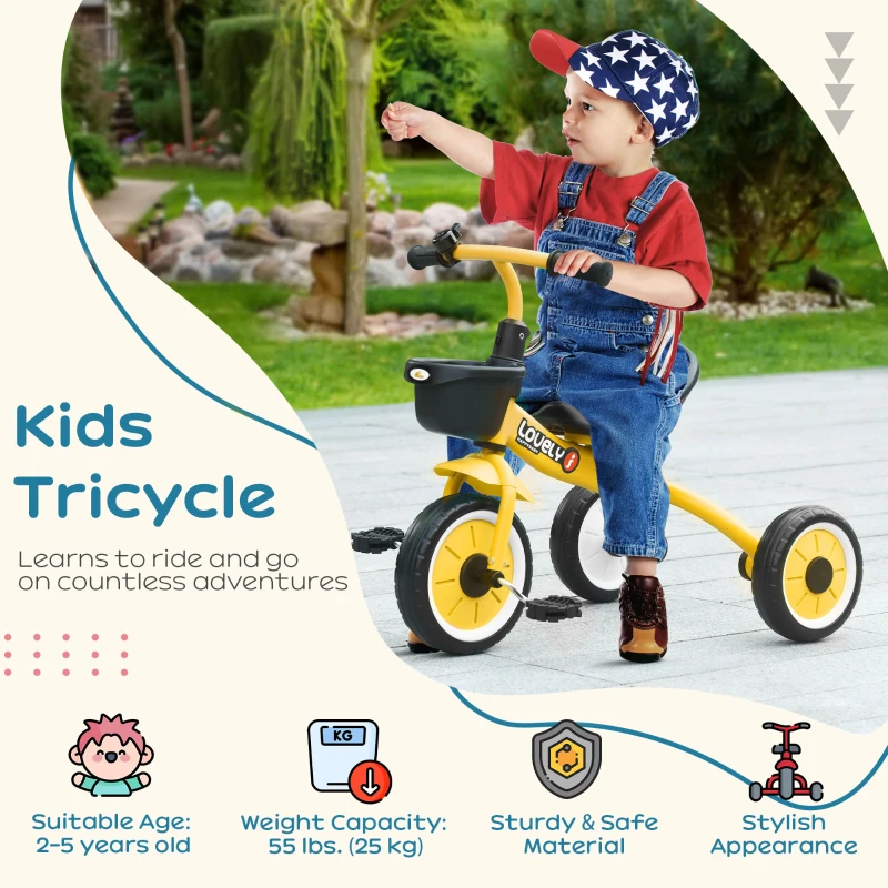 Qaba Tricycle for Toddler 2-5 Year Old Girls and Boys, Toddler Trike with Adjustable Seat, Basket, Bell, Yellow
