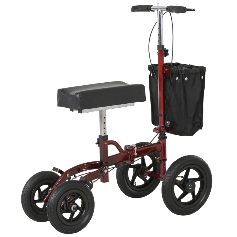 HOMCOM Knee Scooter for Foot Injuries in Adults with Basket Storage, Portable Folding Knee Walker Mobility Scooter for Medical Rehabilitation & Injuries, Red