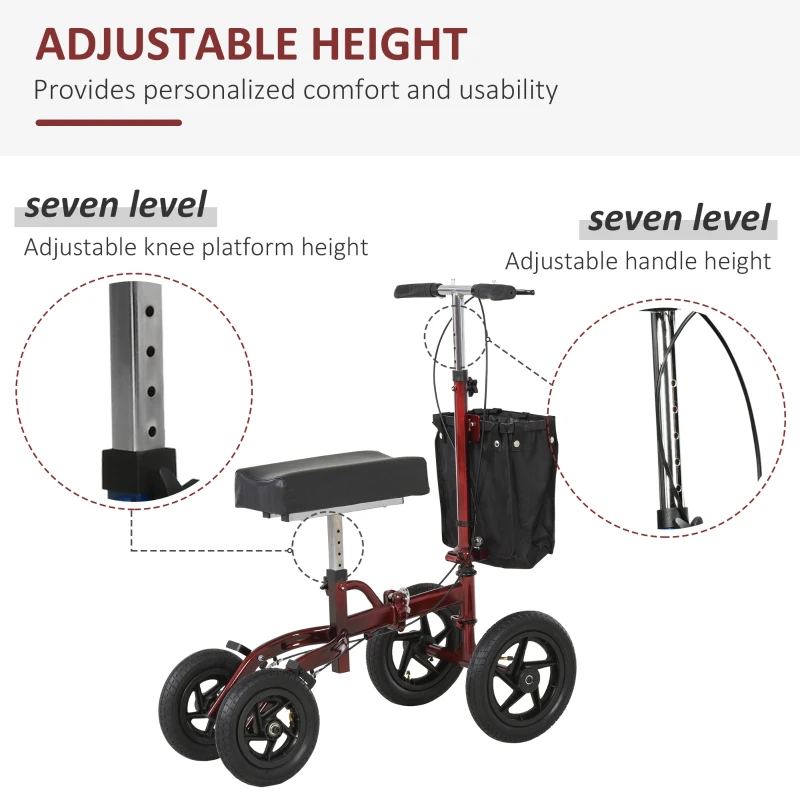 HOMCOM Knee Scooter for Foot Injuries in Adults with Basket Storage, Portable Folding Knee Walker Mobility Scooter for Medical Rehabilitation & Injuries, Red