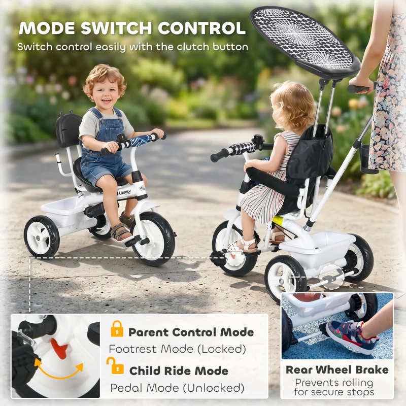 Qaba 6 in 1 Kids Tricycle with Removable Handlebar and Canopy, White