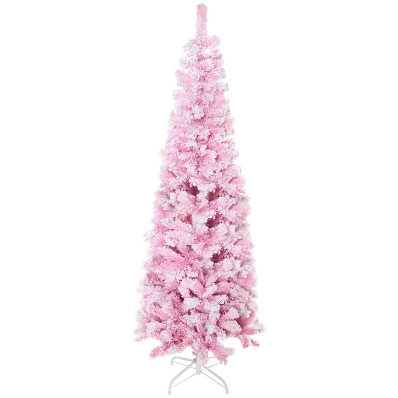 HOMCOM 6ft Tall Unlit Snow Flocked Artificial Christmas Tree Slim Pencil Xmas Tree with Pine Shape and Realistic Branches, Pink