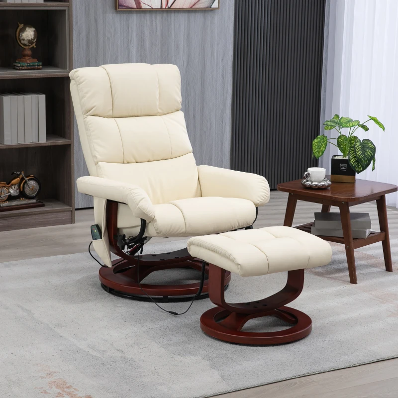 HOMCOM Swivel Recliner with Ottoman Massage, Recliner Chair and Ottoman, Faux Leather Reclining Chair with Remote, Cream White