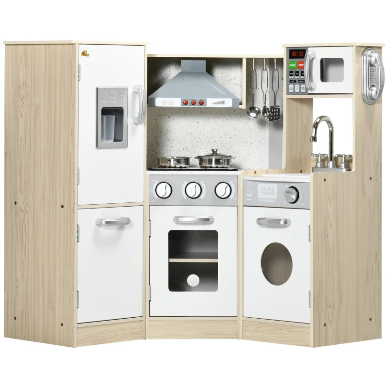 Qaba Wooden Play Kitchen with Lights Sounds, Corner Kids Kitchen Playset with Play Phone, Ice Maker, Microwave, Range Hood, Refrigerator, Utensils, For Ages 3-6 Years Old, White