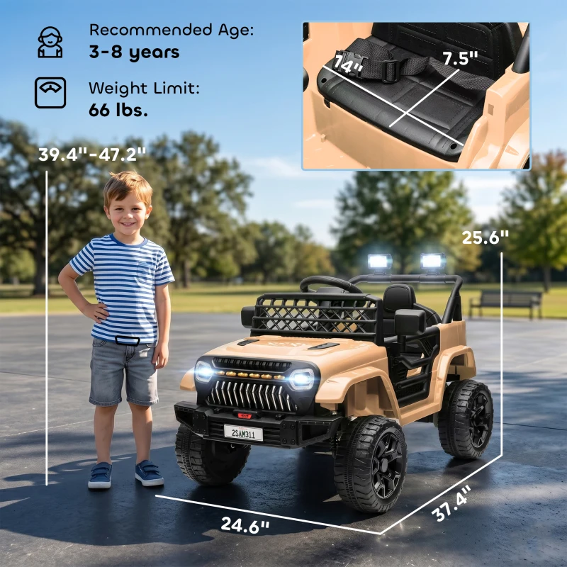 Qaba 12V Battery Powered Ride On Truck, Kids Electric Car with Spring Suspension, Remote, Horn, USB Music, Khaki