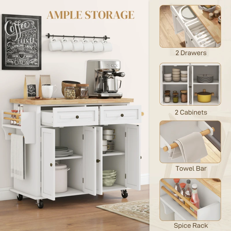 HOMCOM Kitchen Island on Wheels, Rolling Cart with Rubberwood Top, Spice Rack, Towel Rack and Drawers, Cream White