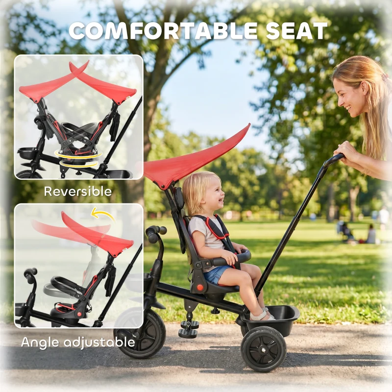 Qaba Kids Tricycle 5 In 1 Trike with Reversible Angle Adjustable Seat Removable Handle Canopy Handrail Belt Storage Footrest Brake Clutch for 1-5 Years Old Red