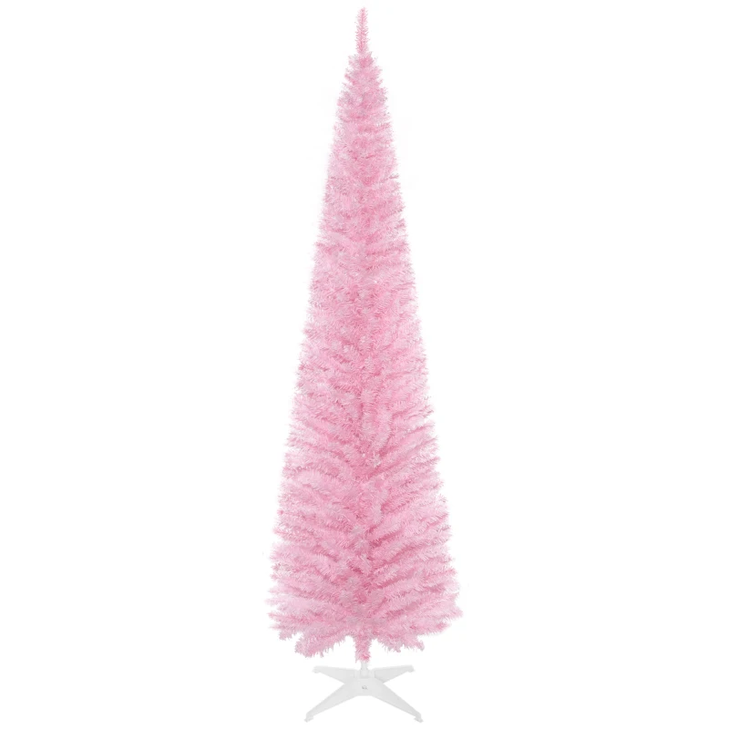 HOMCOM 7ft Unlit Pencil Artificial Christmas Tree with Realistic Branches and 499 Tips, Plastic Base, Pink