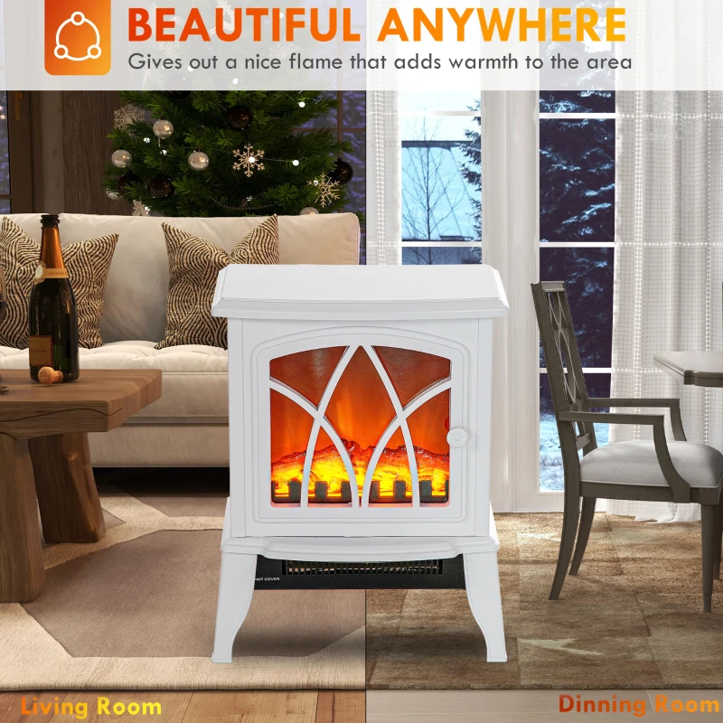 HOMCOM Electric Fireplace Heater, Freestanding Fireplace Stove with Realistic Flames Overheating Protection 750W/1500W, White