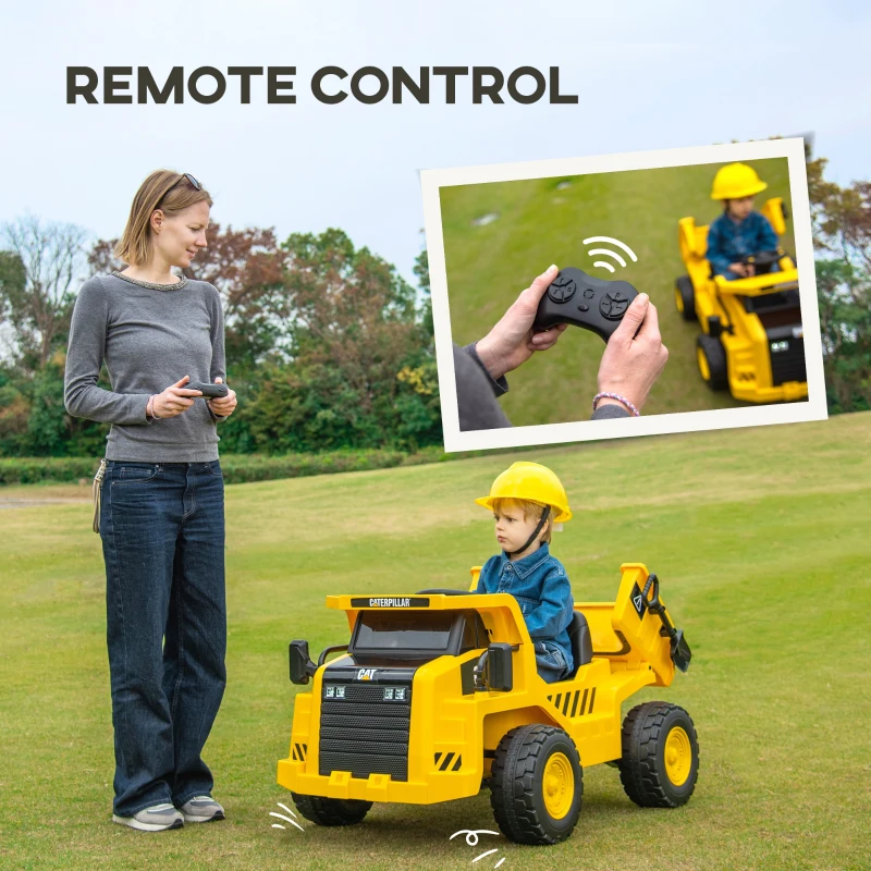 Qaba Caterpillar Licensed 12V Electric Ride on Excavator w/ Remote, Bucket, Shovel, Music, Loudspeaker for Ages 3-6, Yellow