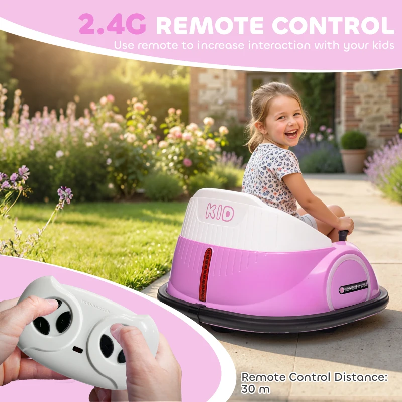 Qaba 12V Bumper Car for Toddlers, Ride On Car with 360 Degree Remote Control, Lights Music Horn, for 1.5-5 Years, Pink