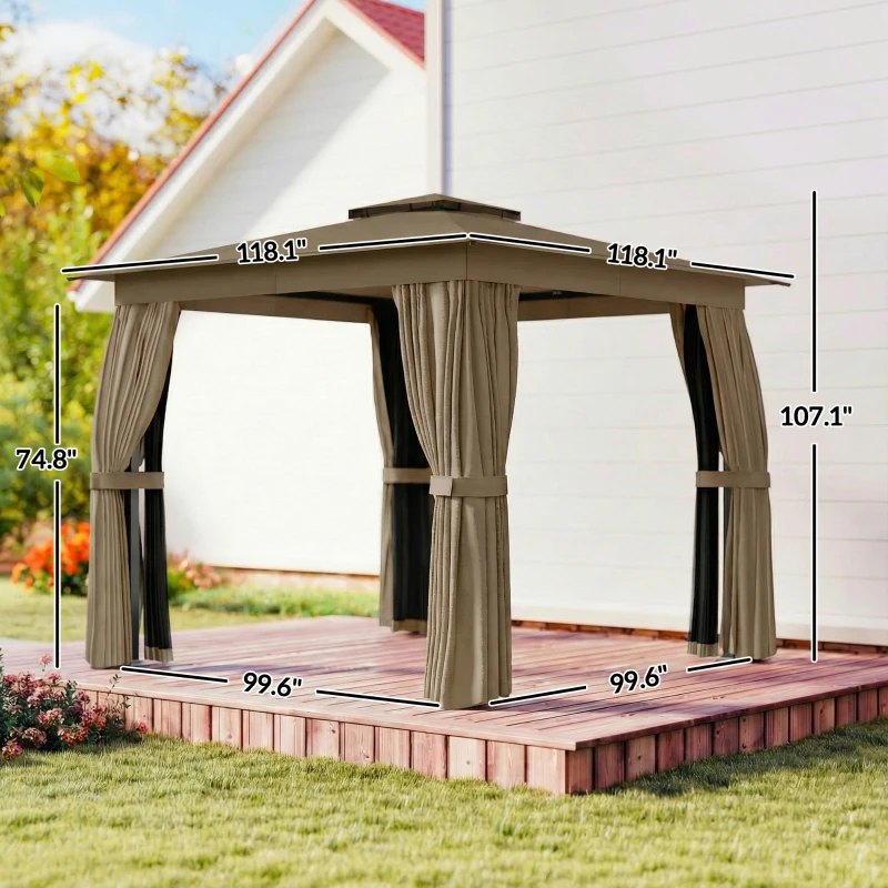 Outsunny 10' x 10' Outdoor Patio Gazebo, Soft Top Gazebo Canopy Shelter with Curtains, Netting, Steel Frame, Hook, Khaki