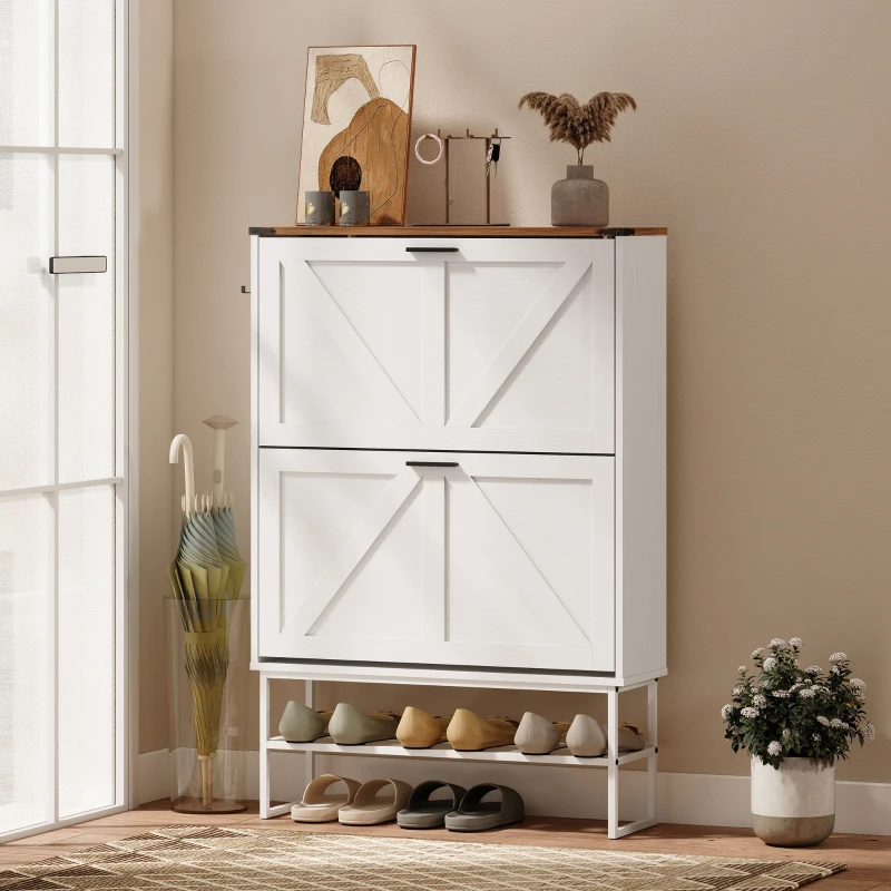 HOMCOM Narrow Shoe Storage Cabinet with 2 Flip Drawers, Slim Shoe Cabinet for 15-20 Pairs, White Wood Grain
