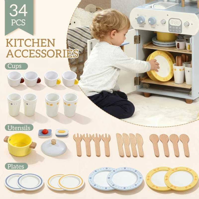 Qaba Wooden Dishwasher Playset, Play Sink Toys with Faucet, Turning Knobs and Accessories, Gift for Boys Girls Toddlers