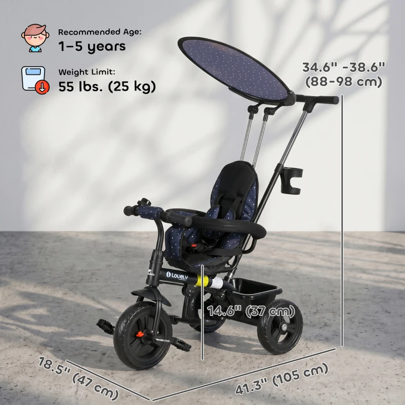 Qaba 6 in 1 Kids Tricycle with Removable Handlebar and Canopy, Navy Blue