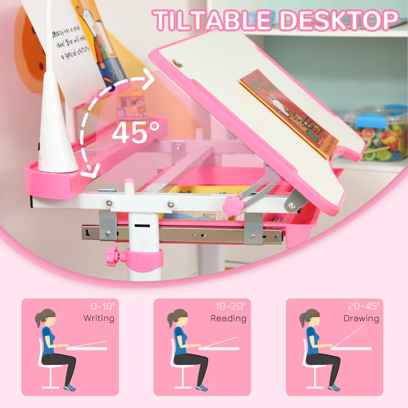 Qaba Kids Desk and Chair Set Height Adjustable Student Writing Desk Children School Study Table with Tilt Desktop, Pink