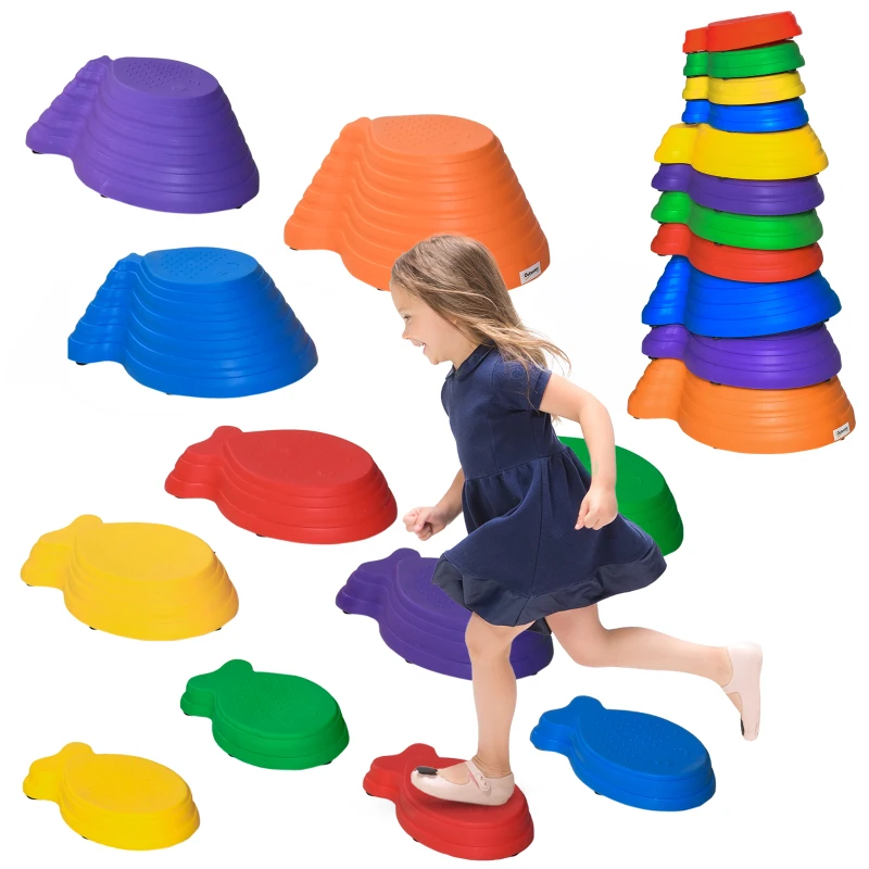 Outsunny 11pcs Balance Stepping Stones for Kids, Fish Style Non-slip Obstacle Course, Larger Size Stackable Balance Blocks Indoor Outdoor