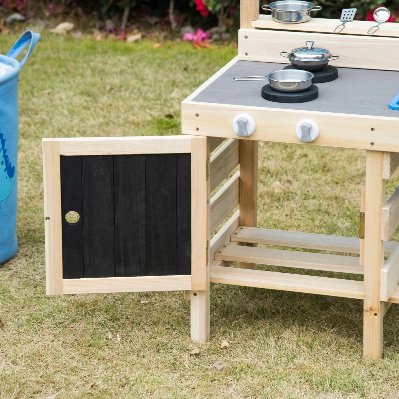 Outsunny Outdoor Kitchen Play Set with Frying Pan, Pretend Play Mud Kitchen for Kids with Removable Sink, Wooden Kitchen Set for Ages 3-7, with Planting Pots, Shelf, Cabinets