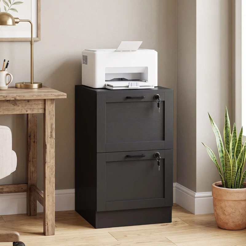HOMCOM Vertical Filing Cabinet with 2 Drawers, Lock, File Cabinet for Home Office, A4 and Letter Size Files, Black