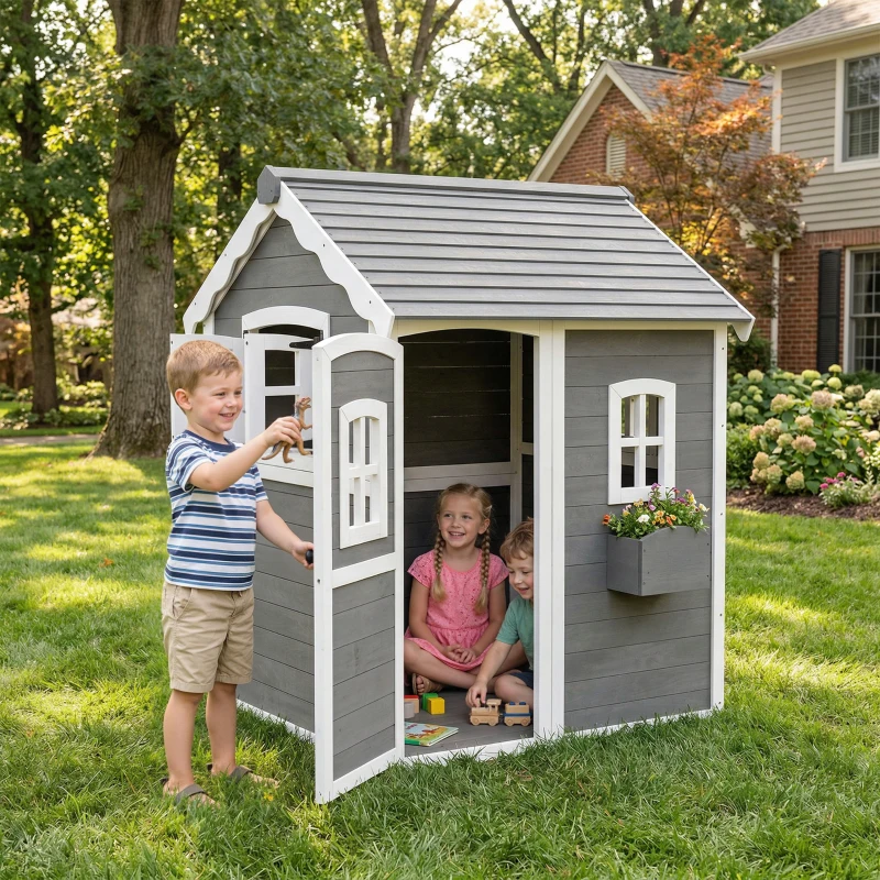 Outsunny Outdoor Wooden Playhouse for Kids with Floor, Door, Windows, Planter Box for 3-8 Years Old, Backyard, Lawn, Garden