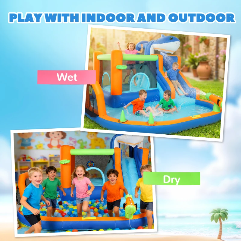 Qaba Inflatable Bounce House for Kids, Sharks Theme Jumping Bouncy Castle with Slide and Pool for Indoor Outdoor, Blue
