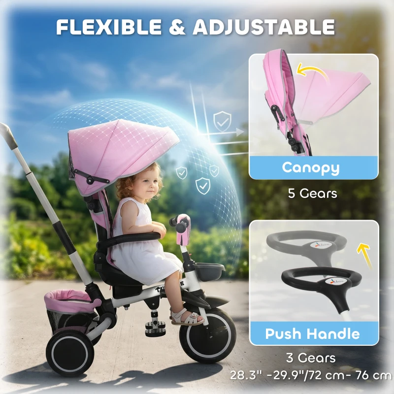 Aosom Tricycle for Toddler 6-in-1 Kids Trike, Foldable Converts Stroller to Baby Push Bike, Adjustable Backrest with Detachable Guardrail & Handle, Brake for 1-4 Years Old, Pink