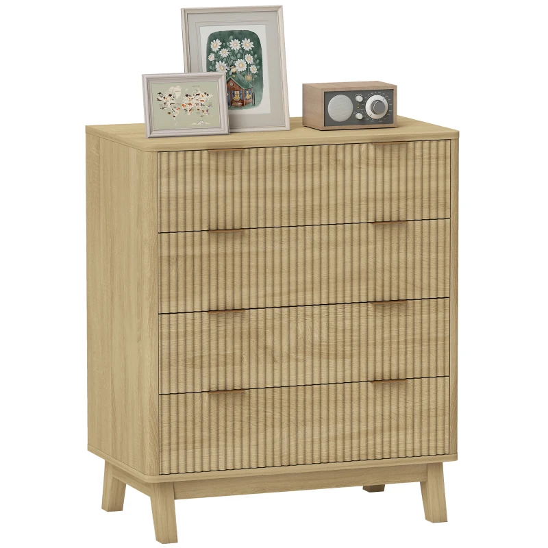HOMCOM 4 Drawer Double Dresser for Bedroom, Fluted Chest of Drawers with Gold Finger Pulls and 4 Wood Legs, Natural Wood