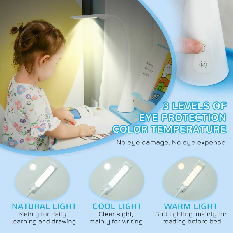 Qaba Kids Desk and Chair Set Height Adjustable Student Writing Desk Children School Study Table with Tilt Desktop, LED Lamp, Pen Box, Drawer, Reading Board, Cup Holder, Blue